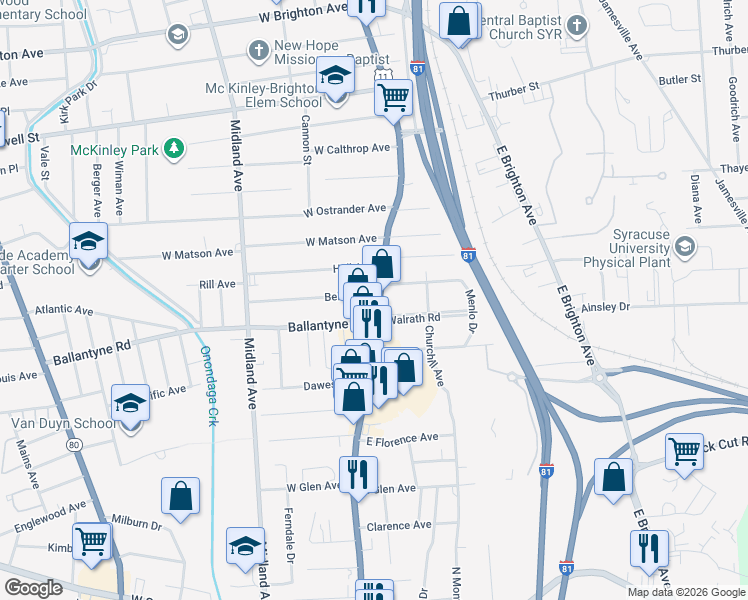 map of restaurants, bars, coffee shops, grocery stores, and more near 105 Belle Avenue in Syracuse