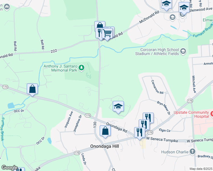 map of restaurants, bars, coffee shops, grocery stores, and more near 100 Summerfield Village Lane in Syracuse