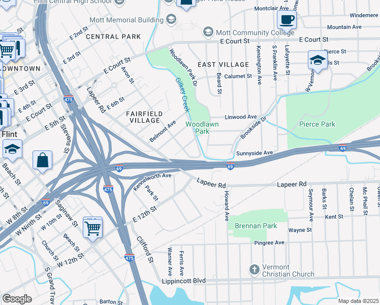 map of restaurants, bars, coffee shops, grocery stores, and more near 1626 Brookside Drive in Flint