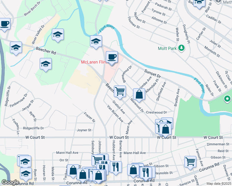 map of restaurants, bars, coffee shops, grocery stores, and more near 3620 Beecher Road in Flint