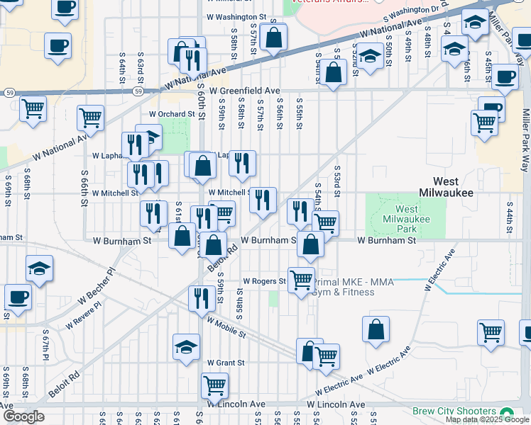 map of restaurants, bars, coffee shops, grocery stores, and more near 5704 Beloit Road in West Allis
