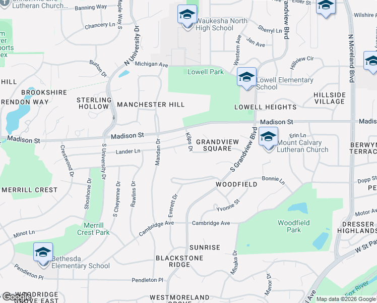 map of restaurants, bars, coffee shops, grocery stores, and more near 205 Lander Court in Waukesha