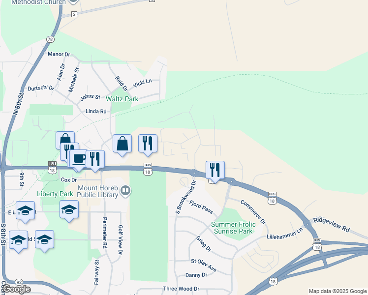 map of restaurants, bars, coffee shops, grocery stores, and more near 1925 Eastwood Way in Mount Horeb
