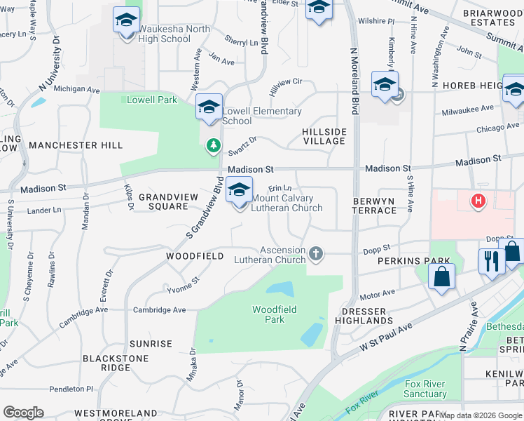 map of restaurants, bars, coffee shops, grocery stores, and more near 1745 Erin Lane in Waukesha