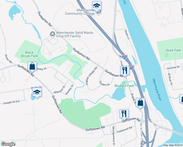 map of restaurants, bars, coffee shops, grocery stores, and more near English Village Road in Manchester