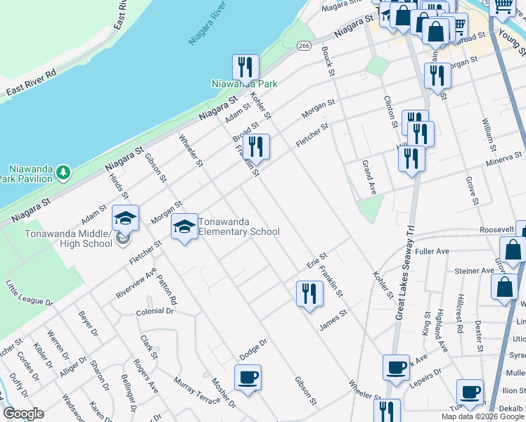 map of restaurants, bars, coffee shops, grocery stores, and more near 58 Klinger Avenue in Tonawanda