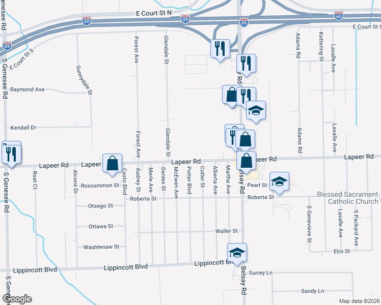 map of restaurants, bars, coffee shops, grocery stores, and more near 5415 Lapeer Road in Burton