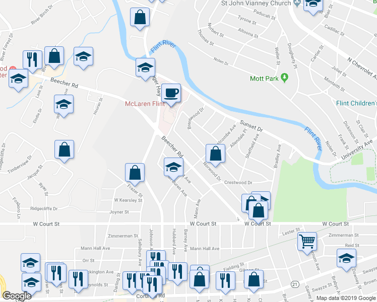 map of restaurants, bars, coffee shops, grocery stores, and more near 3627 Norwood Drive in Flint