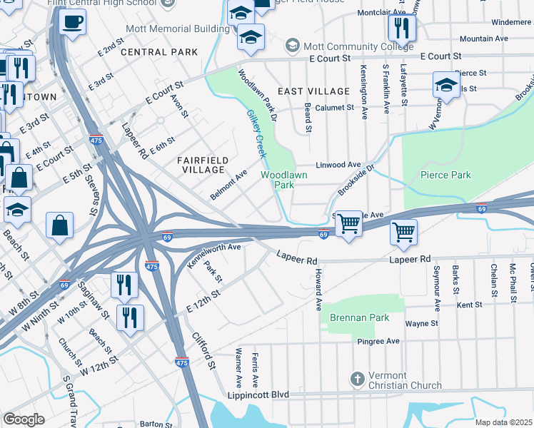 map of restaurants, bars, coffee shops, grocery stores, and more near 1626 Brookside Drive in Flint