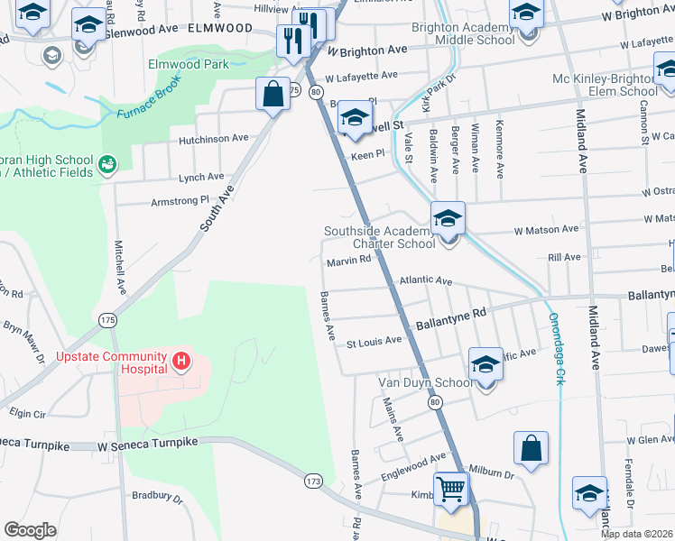 map of restaurants, bars, coffee shops, grocery stores, and more near 144 Wente Terrace in Syracuse