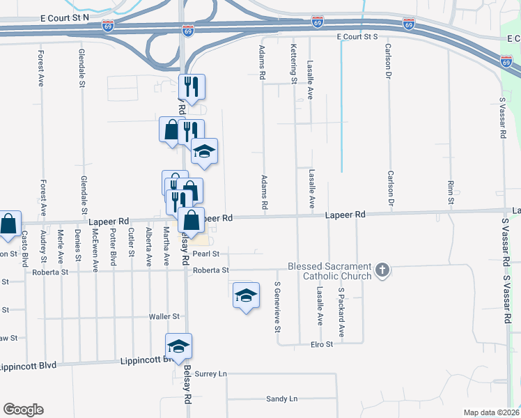 map of restaurants, bars, coffee shops, grocery stores, and more near 6119 Lapeer Road in Burton
