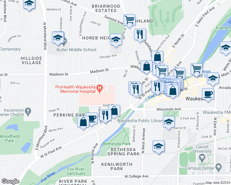 map of restaurants, bars, coffee shops, grocery stores, and more near 227 Mountain Avenue in Waukesha