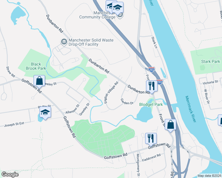 map of restaurants, bars, coffee shops, grocery stores, and more near English Village Road in Manchester