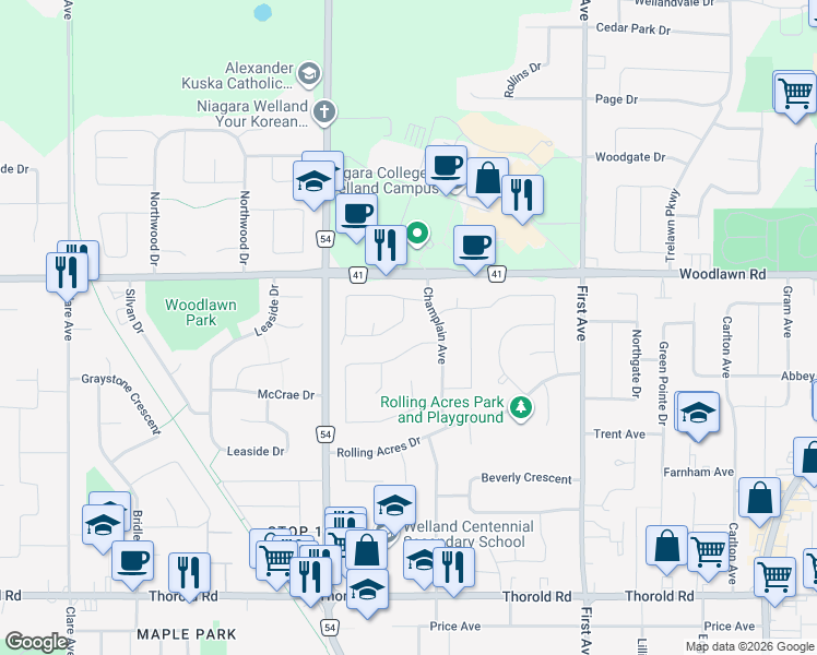 map of restaurants, bars, coffee shops, grocery stores, and more near 16 McGill Street in Welland