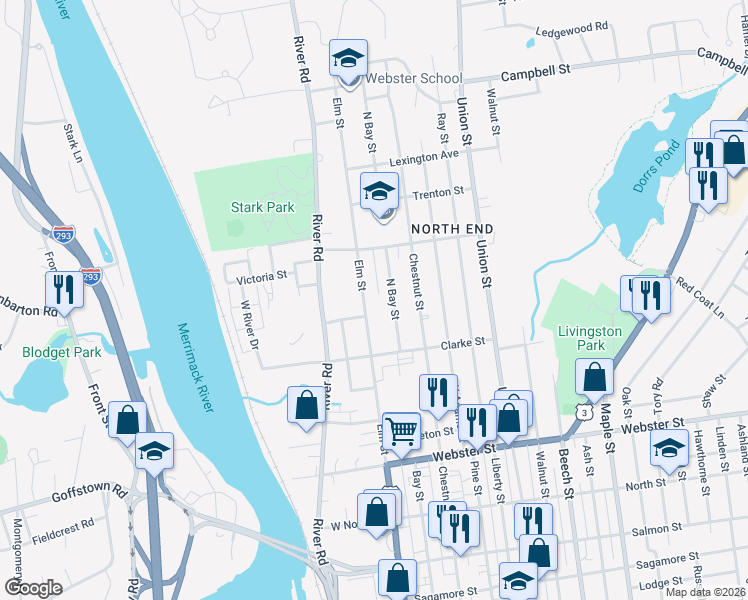 map of restaurants, bars, coffee shops, grocery stores, and more near 2125 Elm Street in Manchester