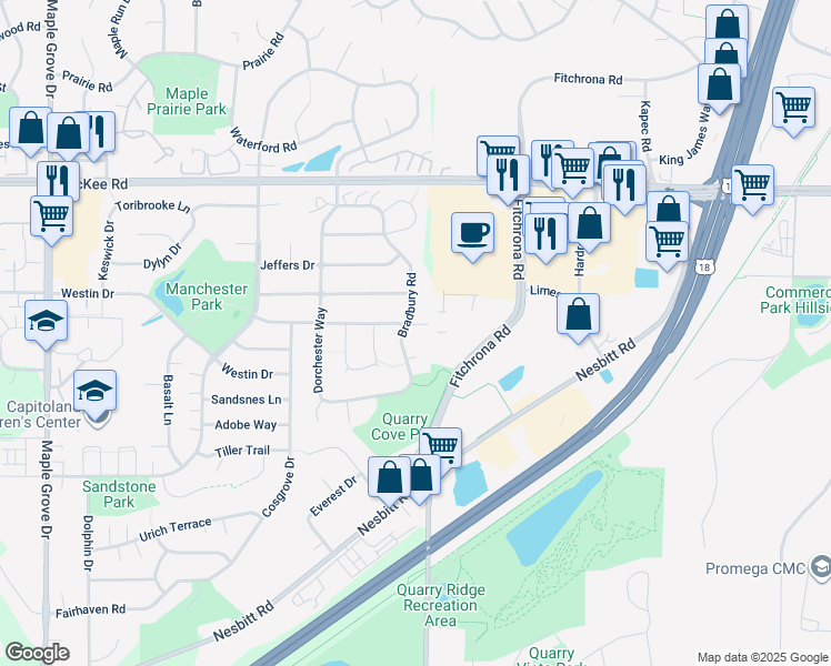 map of restaurants, bars, coffee shops, grocery stores, and more near 6021 Sandstone Drive in Madison