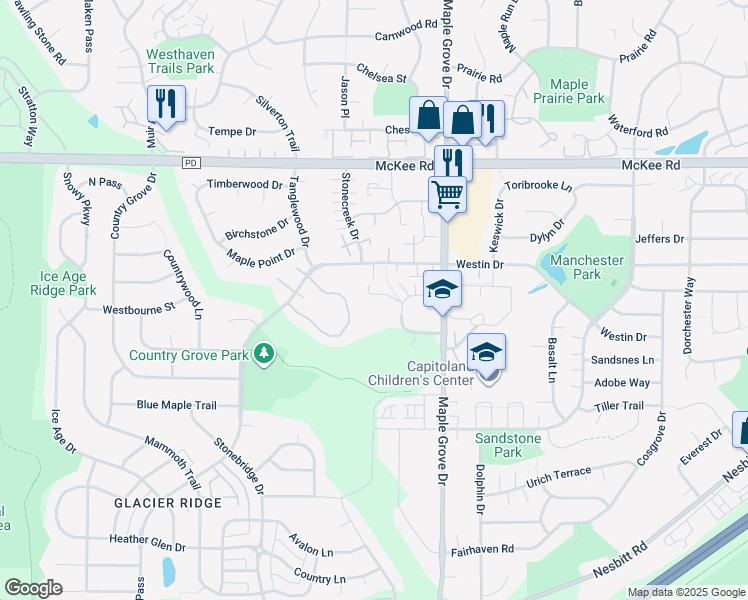 map of restaurants, bars, coffee shops, grocery stores, and more near 6749 Pinelake Drive in Madison