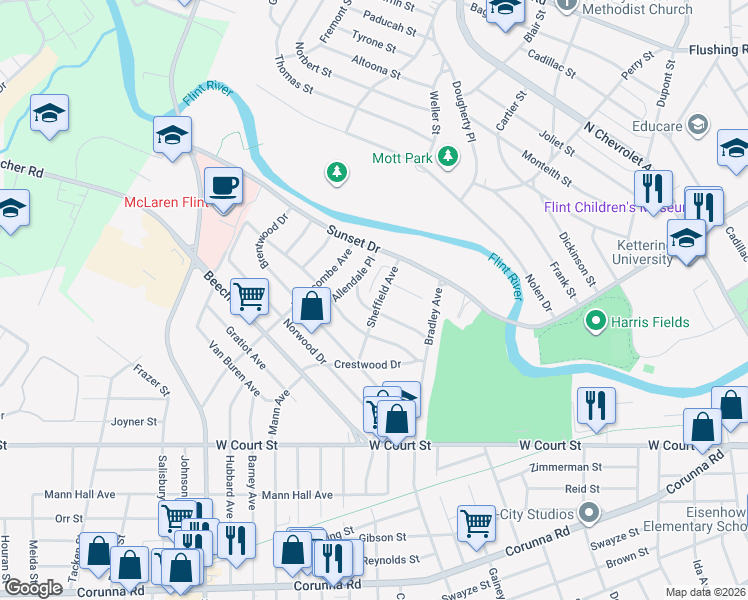 map of restaurants, bars, coffee shops, grocery stores, and more near 3213 Pencombe Place in Flint