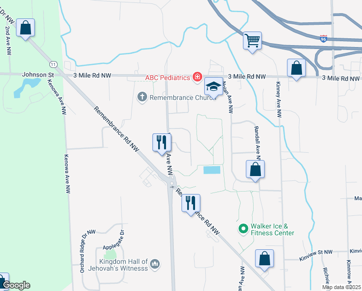 map of restaurants, bars, coffee shops, grocery stores, and more near 2596 Falcon Woods Drive Northwest in Grand Rapids