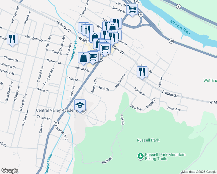 map of restaurants, bars, coffee shops, grocery stores, and more near 56 High Street in Ilion