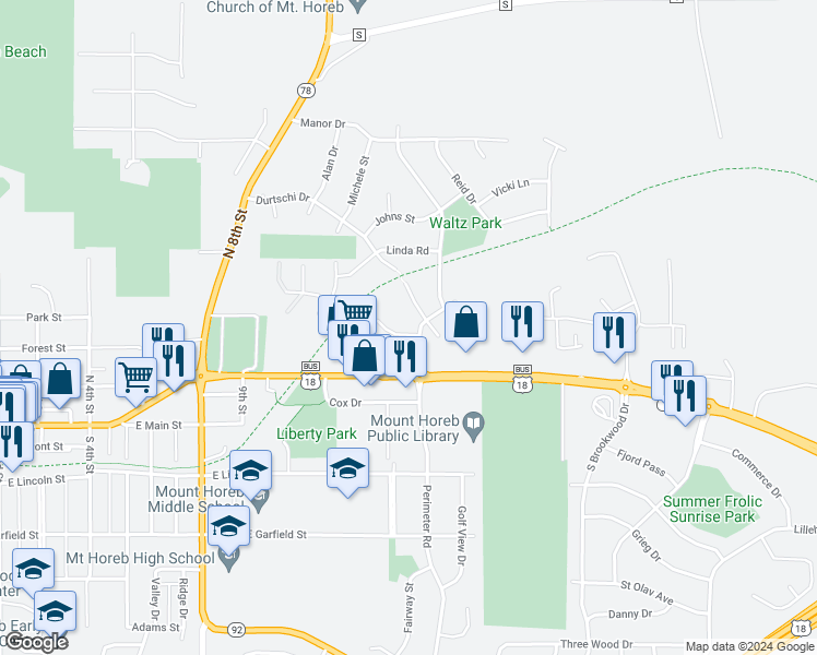 map of restaurants, bars, coffee shops, grocery stores, and more near 1364 Field Court in Mount Horeb