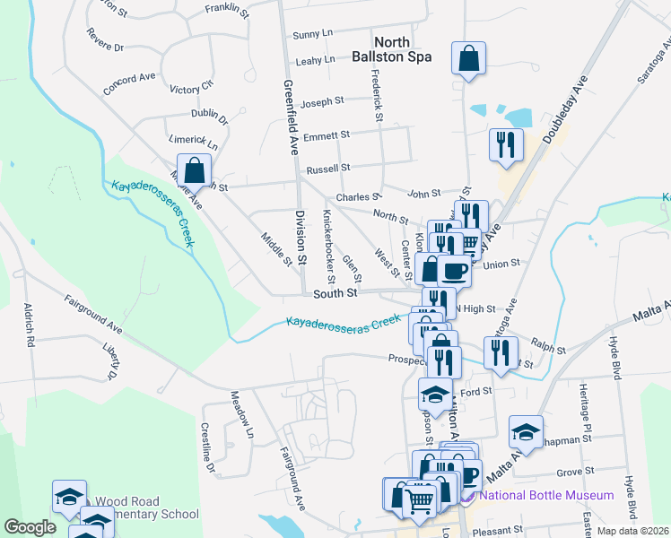 map of restaurants, bars, coffee shops, grocery stores, and more near 15 Knickerbocker Street in Ballston Spa