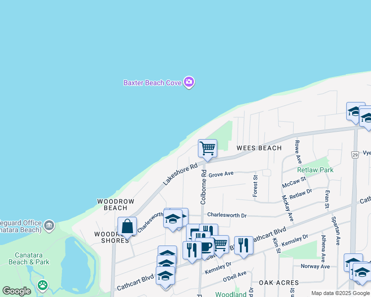 map of restaurants, bars, coffee shops, grocery stores, and more near 604 Beach Lane in Sarnia