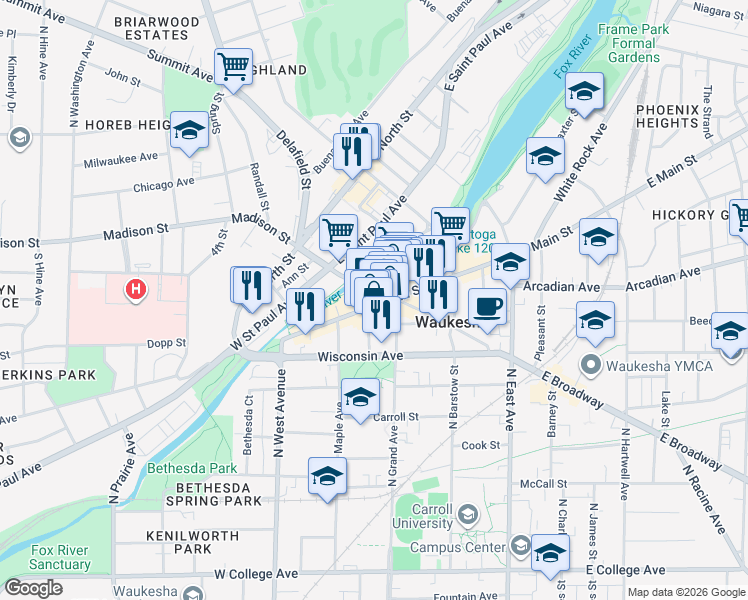 map of restaurants, bars, coffee shops, grocery stores, and more near 806 Clinton Street in Waukesha