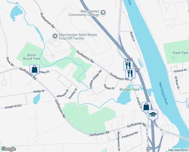map of restaurants, bars, coffee shops, grocery stores, and more near 50e English Village Road in Manchester