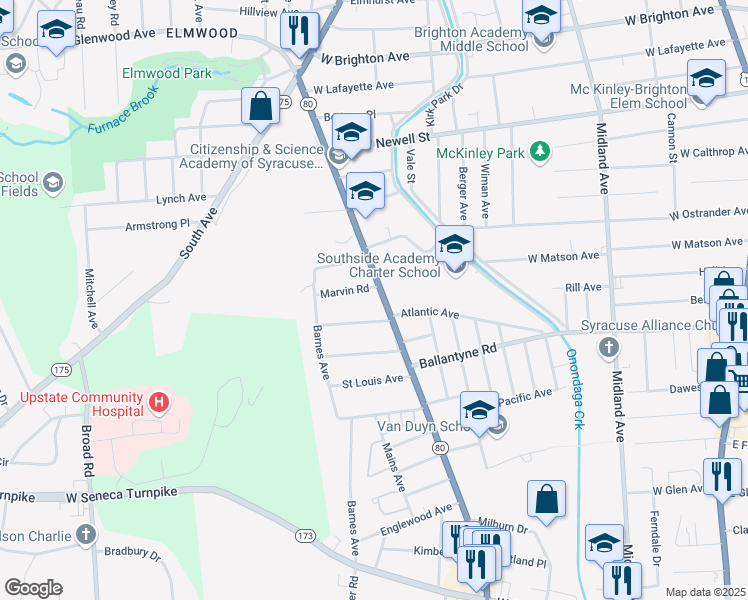 map of restaurants, bars, coffee shops, grocery stores, and more near 116 Wente Terrace in Syracuse