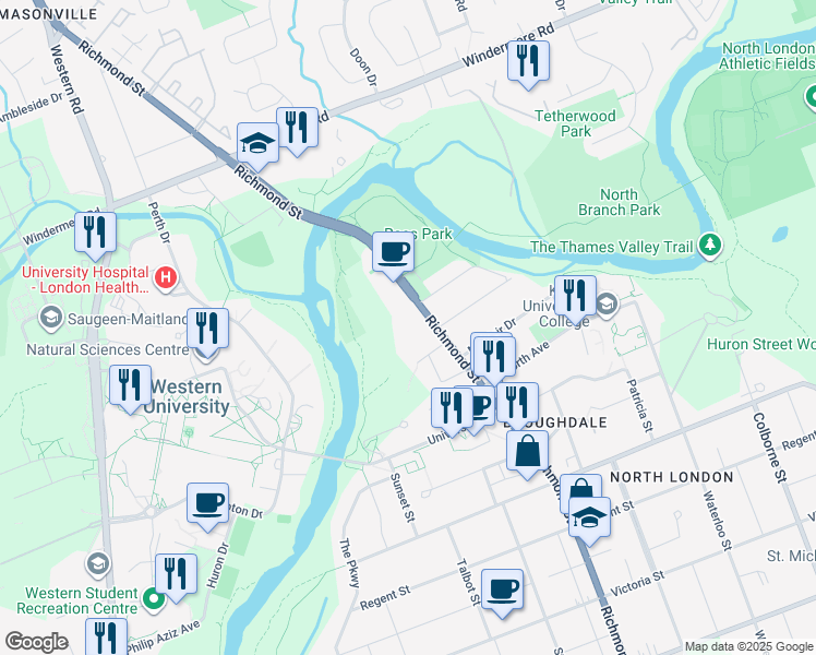 map of restaurants, bars, coffee shops, grocery stores, and more near 1209 Richmond Street in London