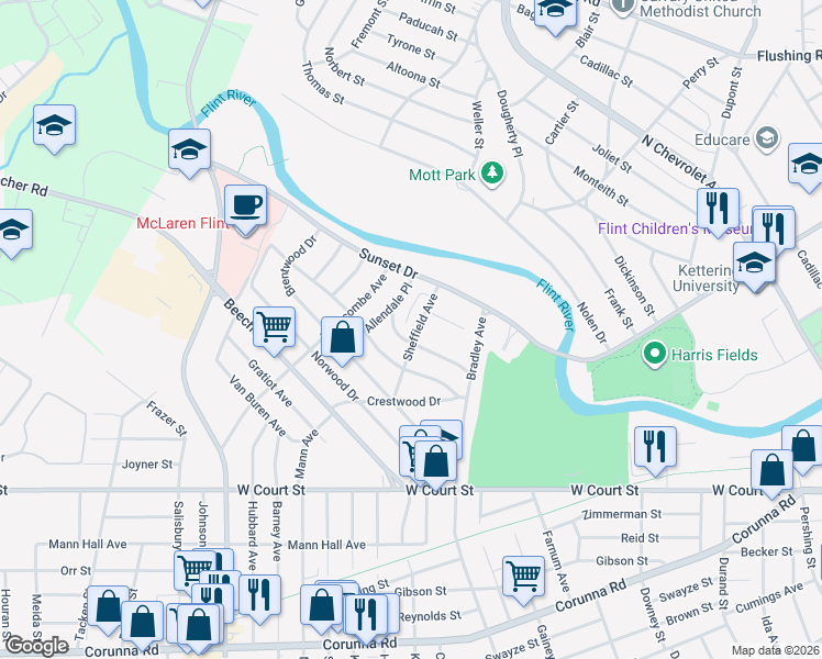 map of restaurants, bars, coffee shops, grocery stores, and more near 3213 Pencombe Place in Flint