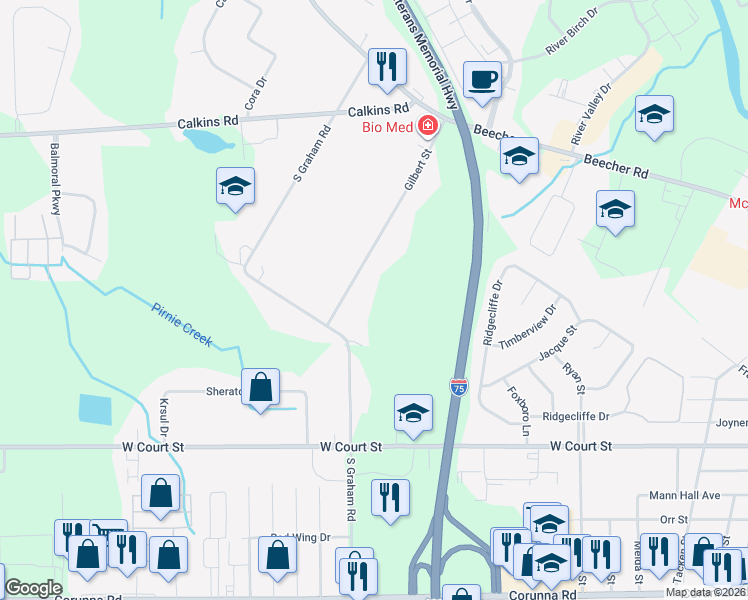 map of restaurants, bars, coffee shops, grocery stores, and more near 1349 South Graham Road in Flint