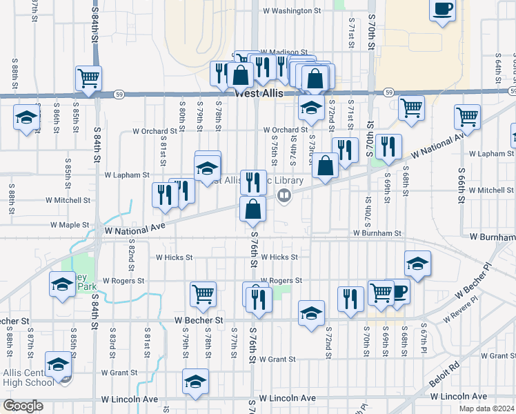 map of restaurants, bars, coffee shops, grocery stores, and more near 1743 South 75th Street in West Allis