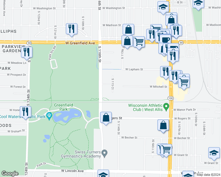 map of restaurants, bars, coffee shops, grocery stores, and more near 1731 South 115 Court in West Allis