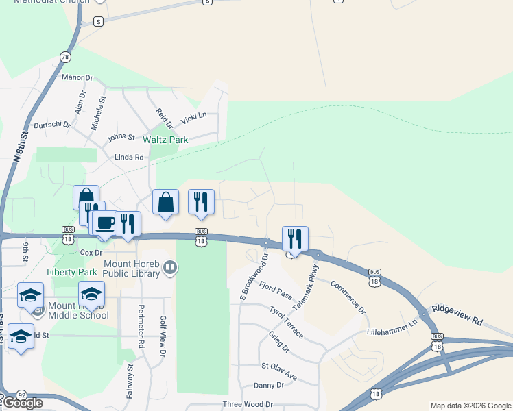 map of restaurants, bars, coffee shops, grocery stores, and more near 1931 Eastwood Way in Mount Horeb