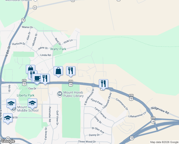 map of restaurants, bars, coffee shops, grocery stores, and more near 1927 Eastwood Way in Mount Horeb