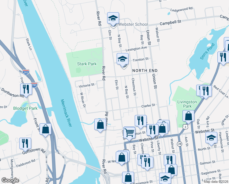 map of restaurants, bars, coffee shops, grocery stores, and more near 2170 Elm Street in Manchester