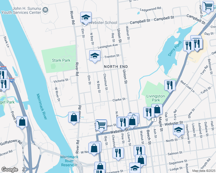 map of restaurants, bars, coffee shops, grocery stores, and more near 931 Chestnut Street in Manchester