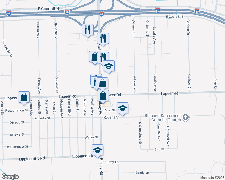 map of restaurants, bars, coffee shops, grocery stores, and more near 6049 Lapeer Road in Burton