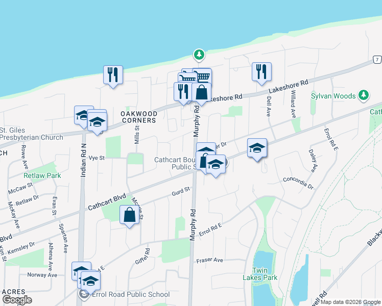 map of restaurants, bars, coffee shops, grocery stores, and more near 1202 Cathcart Boulevard in Sarnia