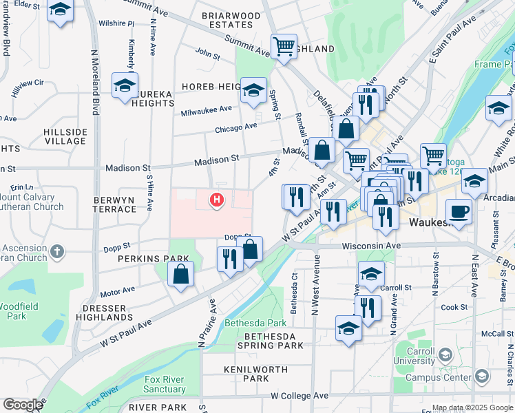 map of restaurants, bars, coffee shops, grocery stores, and more near 225 Mountain Avenue in Waukesha
