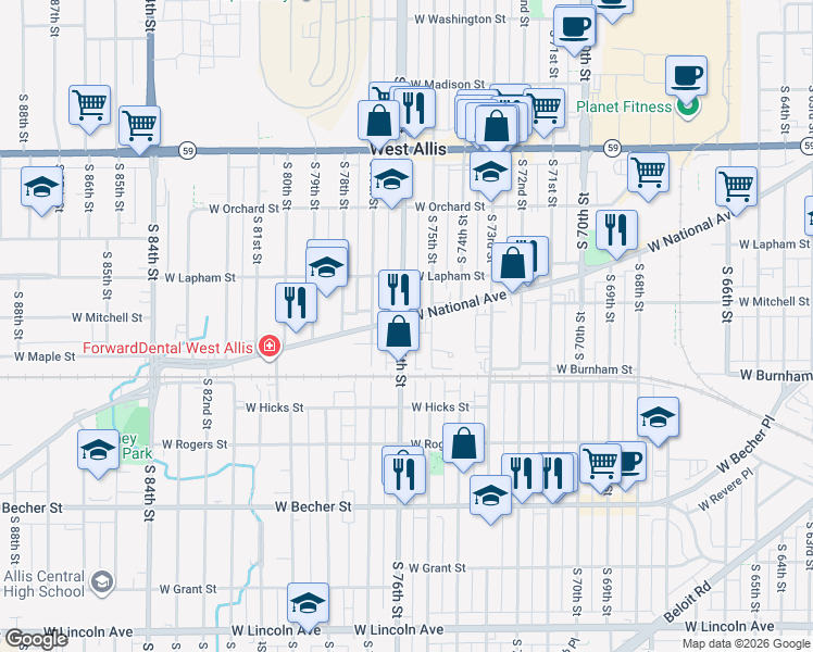 map of restaurants, bars, coffee shops, grocery stores, and more near 1743 South 75th Street in West Allis
