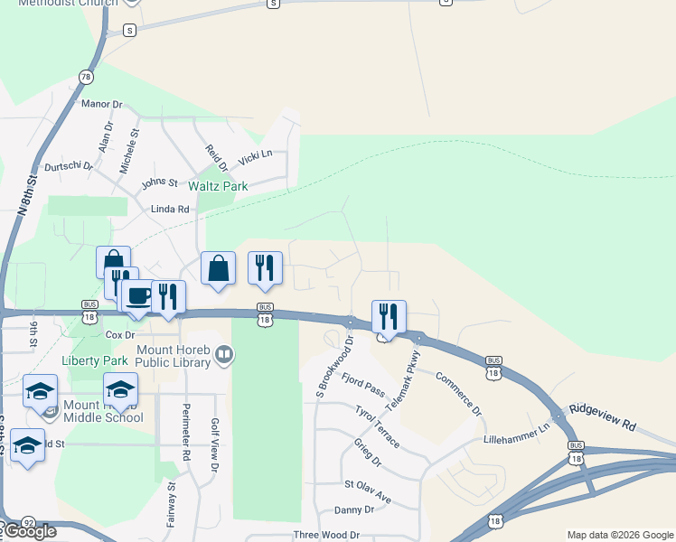 map of restaurants, bars, coffee shops, grocery stores, and more near 1925 Eastwood Way in Mount Horeb