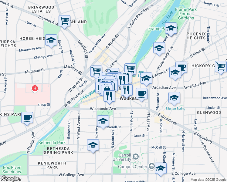 map of restaurants, bars, coffee shops, grocery stores, and more near West Main Street in Waukesha