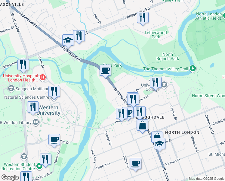 map of restaurants, bars, coffee shops, grocery stores, and more near 1209 Richmond Street in London