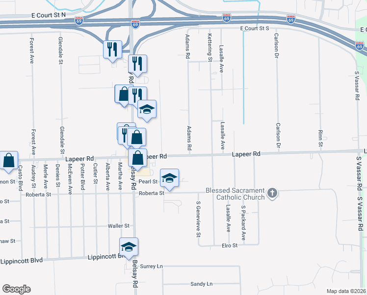 map of restaurants, bars, coffee shops, grocery stores, and more near 6119 Lapeer Rd in Burton