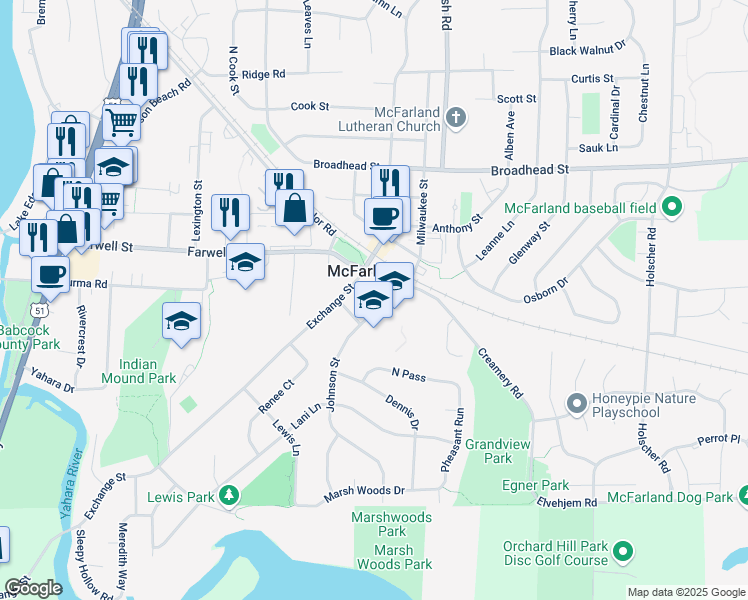 map of restaurants, bars, coffee shops, grocery stores, and more near 6009 Johnson Street in McFarland