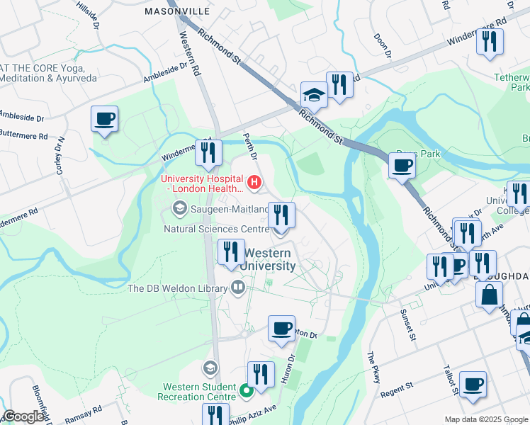 map of restaurants, bars, coffee shops, grocery stores, and more near 1151 Richmond Street in London