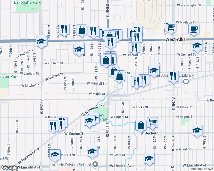 map of restaurants, bars, coffee shops, grocery stores, and more near 1705 South 84th Street in West Allis